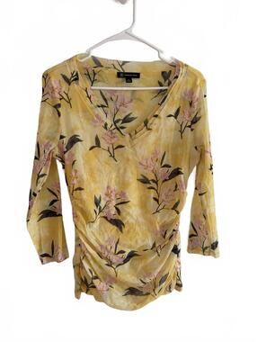INC International Concepts Yellow Floral V-Neck Mesh Blouse Women's M